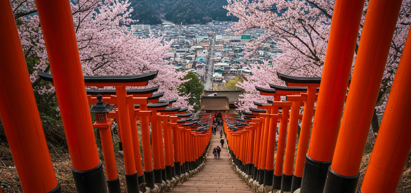 浮羽稲荷神社の朱色の鳥居が連なる参道