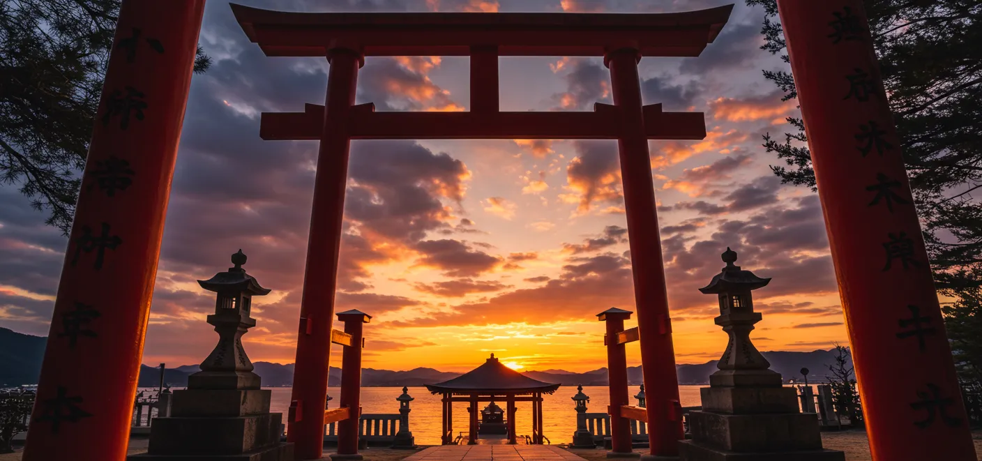 浮羽稲荷神社の鳥居と夕日